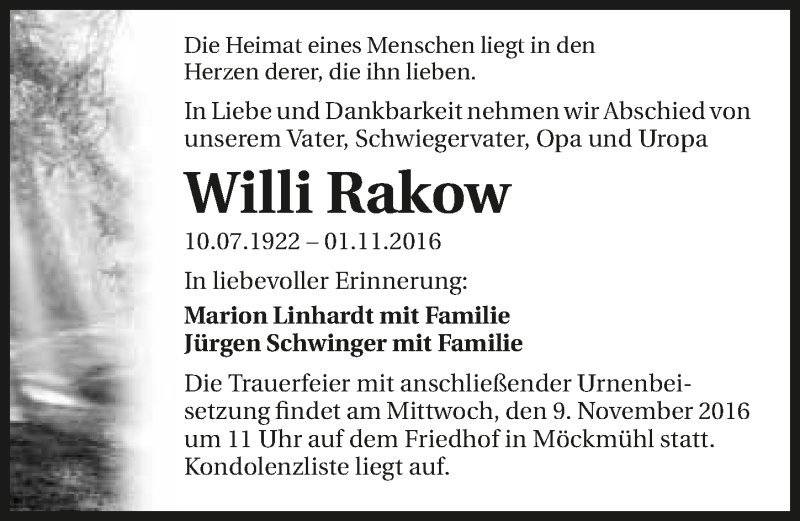  Traueranzeige für Willi Rakow vom 05.11.2016 aus 