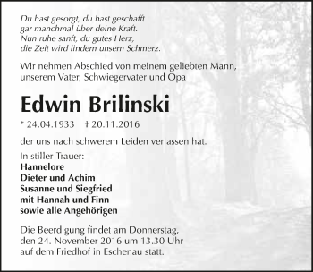 Traueranzeige von Edwin Brilinski 