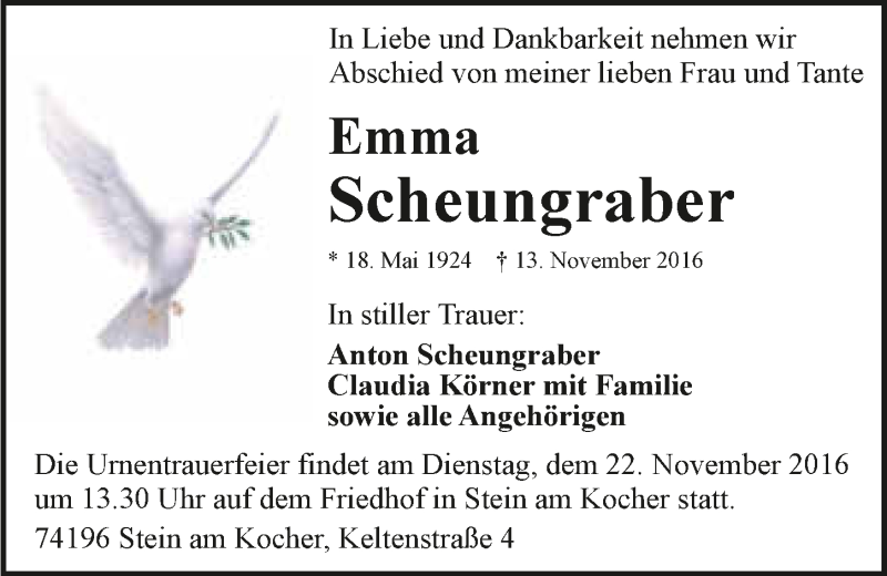  Traueranzeige für Emma Scheungraber vom 19.11.2016 aus 