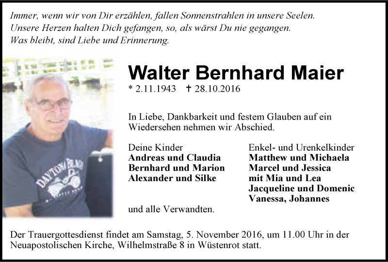  Traueranzeige für Walter Maier vom 03.11.2016 aus 