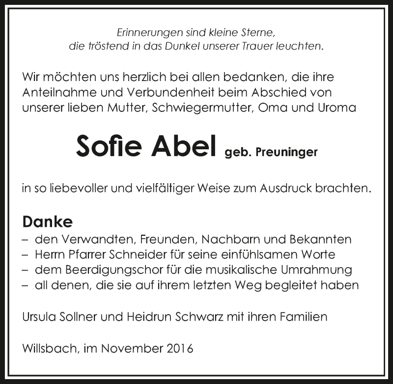  Traueranzeige für Sofie Abel vom 19.11.2016 aus 