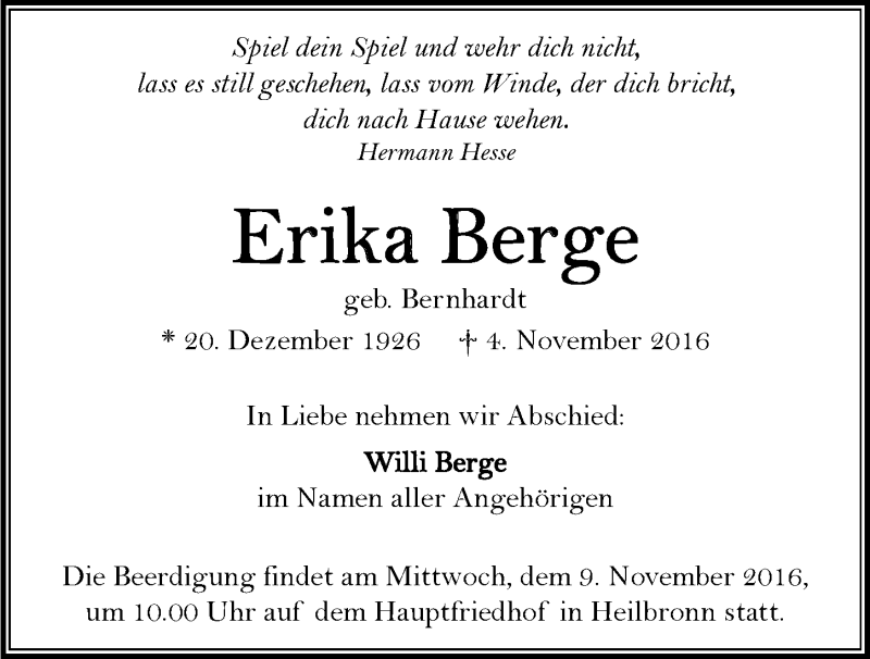  Traueranzeige für Erika Berge vom 07.11.2016 aus 