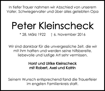 Traueranzeige von Peter Kleinscheck 