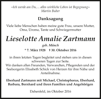 Traueranzeige von Lieselotte Amalie Zartmann 