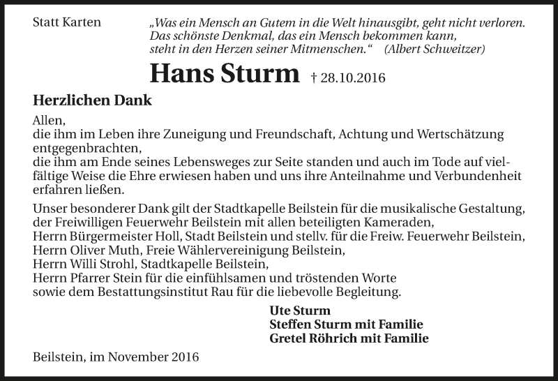  Traueranzeige für Hans Sturm vom 18.11.2016 aus 