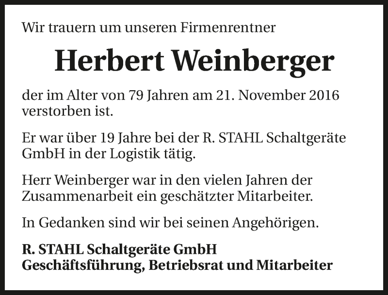  Traueranzeige für Herbert Weinberger vom 26.11.2016 aus 