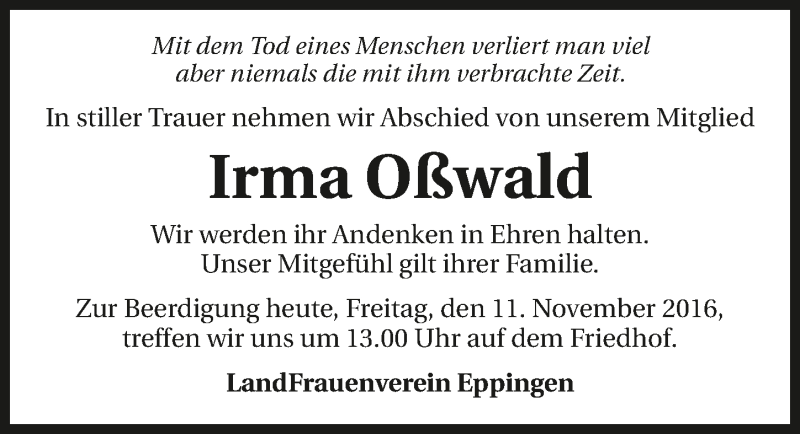  Traueranzeige für Irma Oßwald vom 11.11.2016 aus 