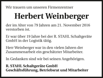 Traueranzeige von Herbert Weinberger 