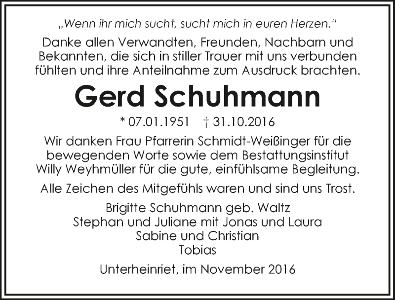  Traueranzeige für Gerd Schuhmann vom 23.11.2016 aus 