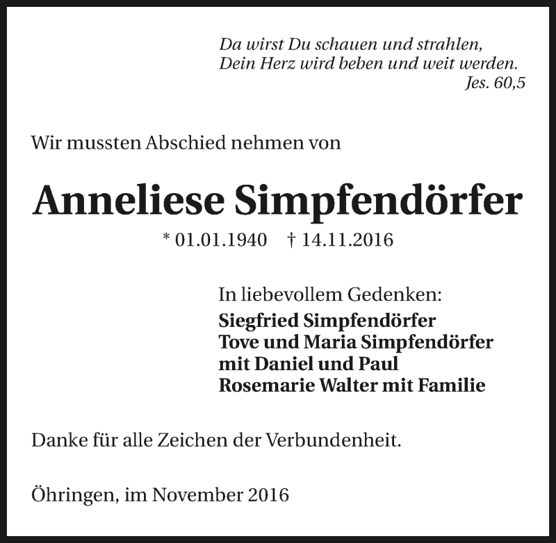  Traueranzeige für Anneliese Simpfendörfer vom 29.11.2016 aus 