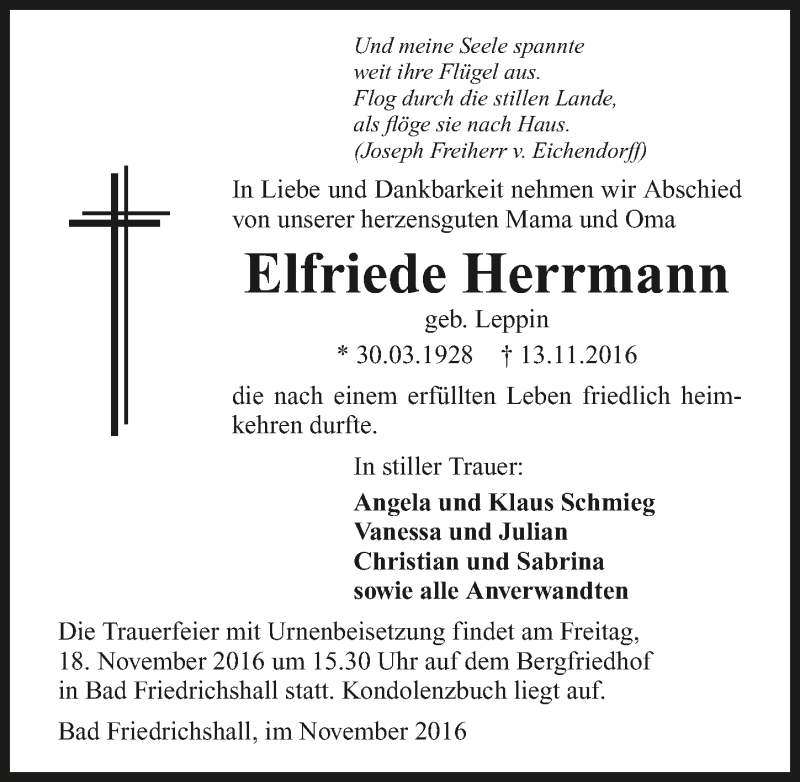 Traueranzeige für Elfriede Herrmann vom 16.11.2016 aus 