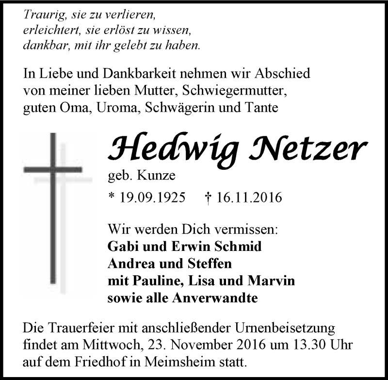 Traueranzeige für Hedwig Netzer vom 19.11.2016 aus 