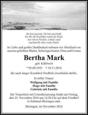 Traueranzeige von Bertha Mark 