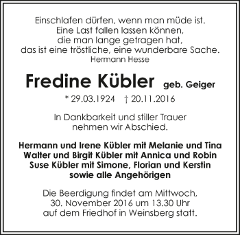 Traueranzeige von Fredine Kübler 