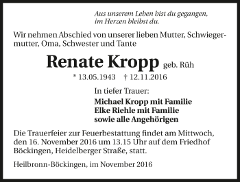 Traueranzeige von Renate Kropp 