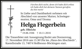 Traueranzeige von Helga Flegerbein 