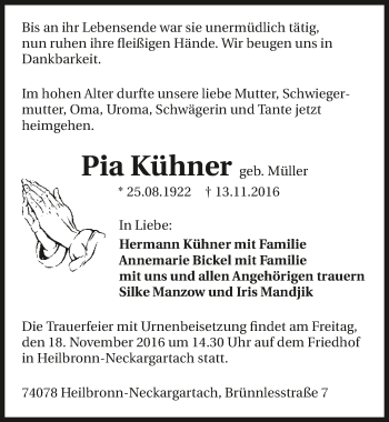 Traueranzeige von Pia Kühner 