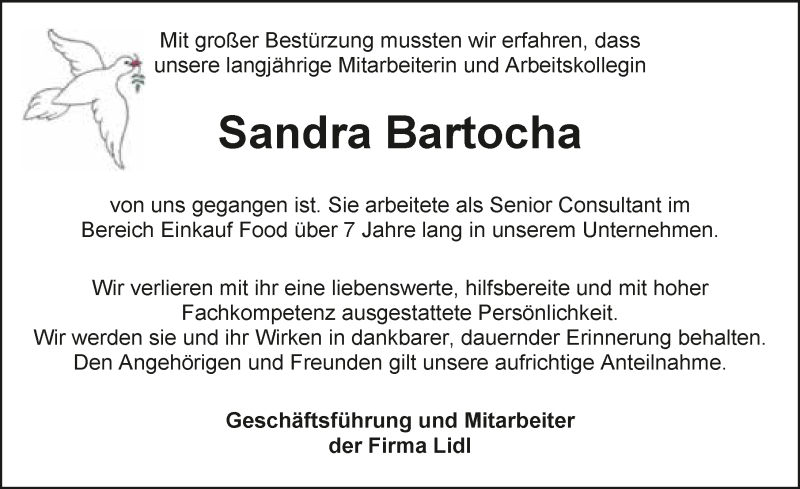  Traueranzeige für Sandra Bartocha vom 18.11.2016 aus 