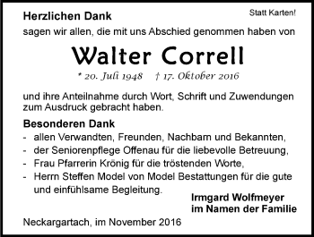 Traueranzeige von Walter Correll 
