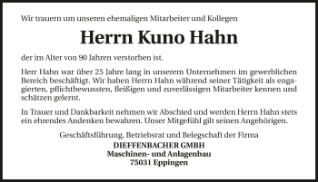 Traueranzeige von Kuno Hahn 