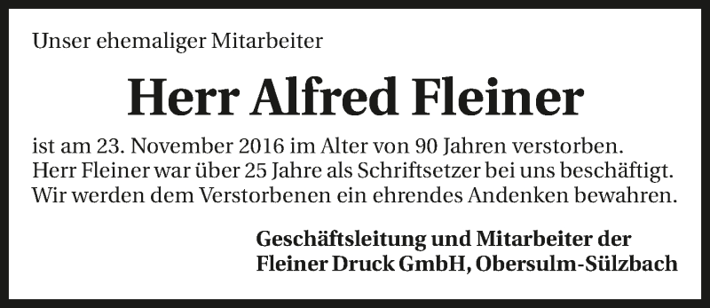  Traueranzeige für Alfred Fleiner vom 25.11.2016 aus 