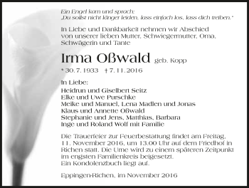 Traueranzeige von Irma Oßwald 