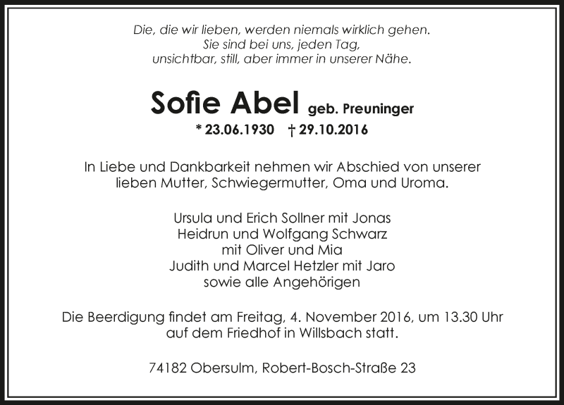  Traueranzeige für Sofie Abel vom 02.11.2016 aus 