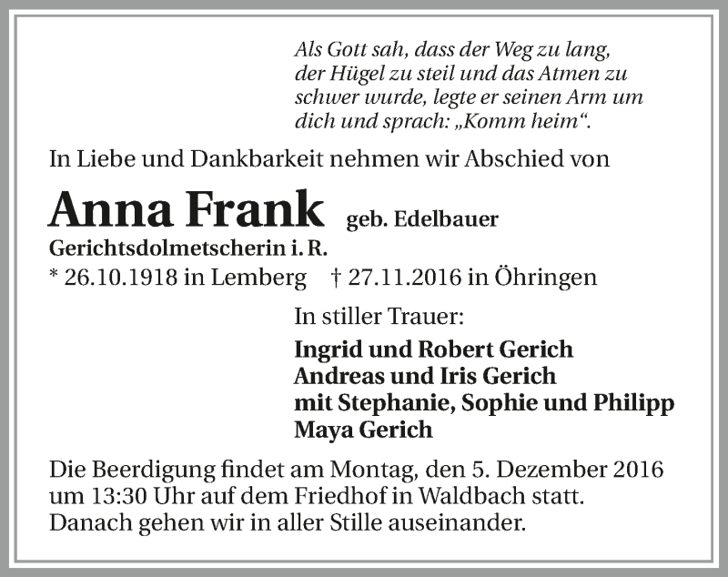  Traueranzeige für Anna Frank vom 01.12.2016 aus 