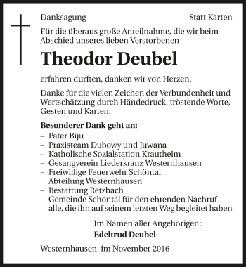 Traueranzeige von Theodor Deubel 