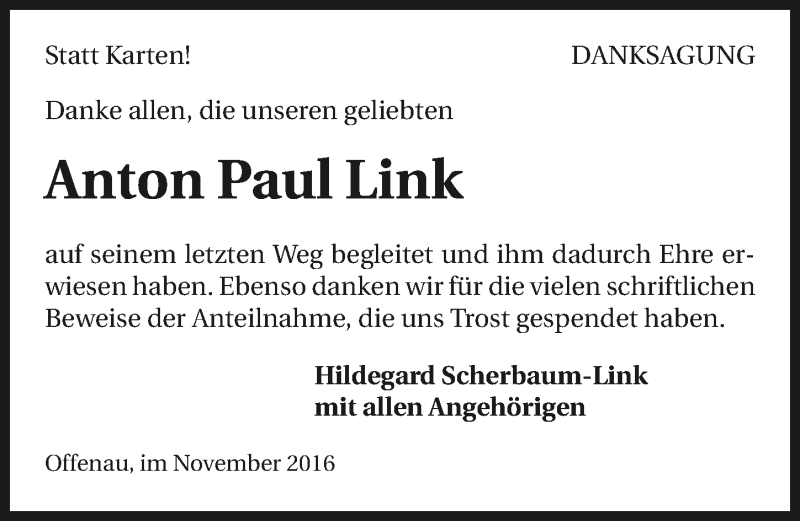  Traueranzeige für Anton Paul Link vom 05.11.2016 aus 