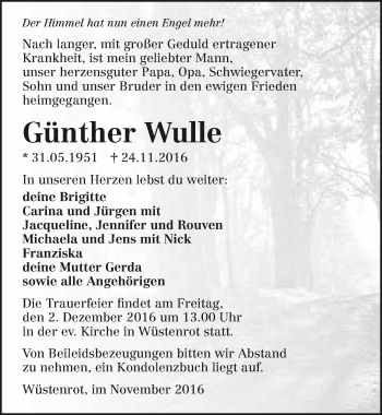Traueranzeige von Günther Wulle 