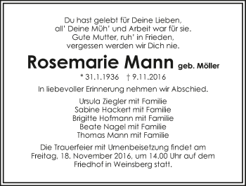 Traueranzeige von Rosemarie Mann 