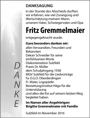 Traueranzeige von Fritz Gremmelmaier 