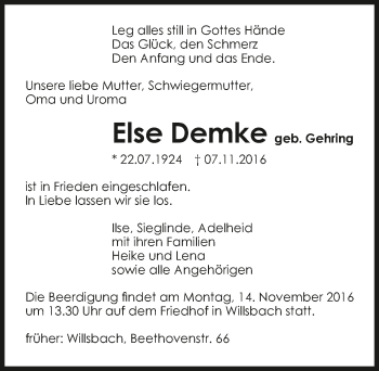 Traueranzeige von Else Demke 