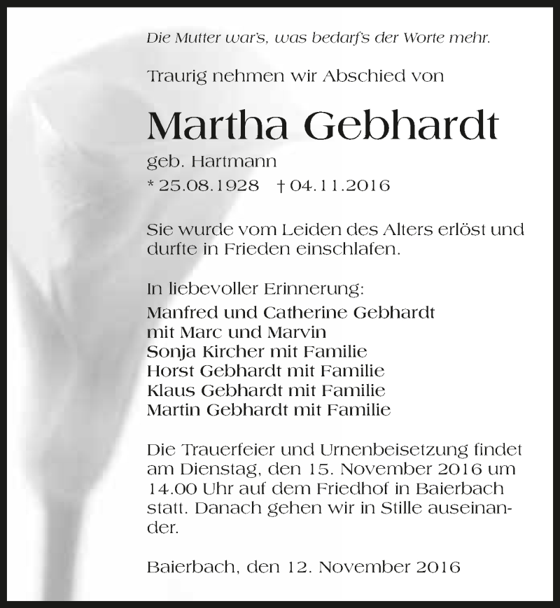  Traueranzeige für Martha Gebhardt vom 12.11.2016 aus 