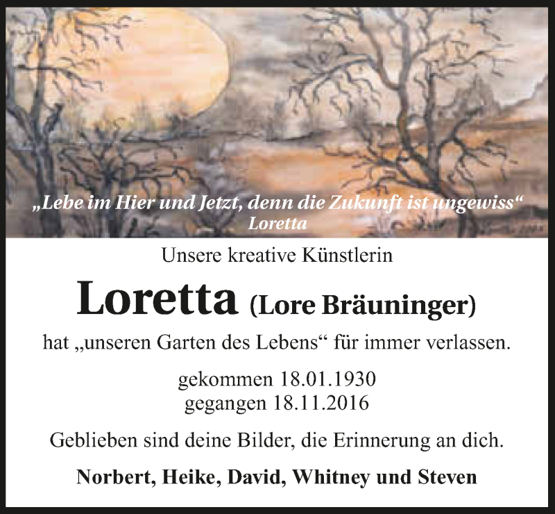  Traueranzeige für Lore Bräuninger vom 24.11.2016 aus 