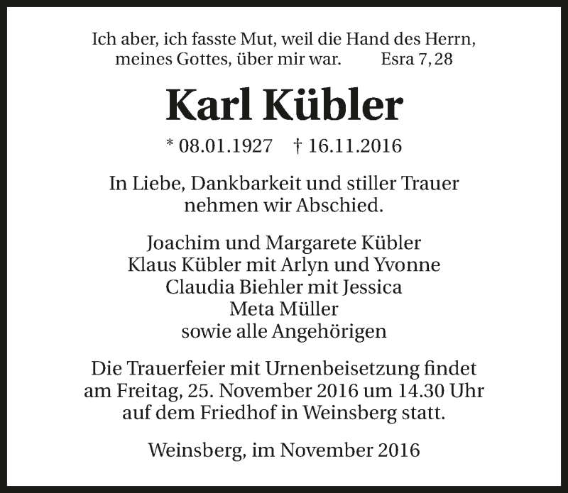  Traueranzeige für Karl Kübler vom 21.11.2016 aus 
