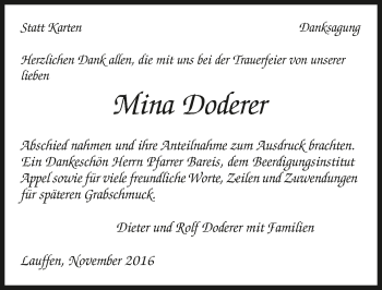 Traueranzeige von Mina Doderer 