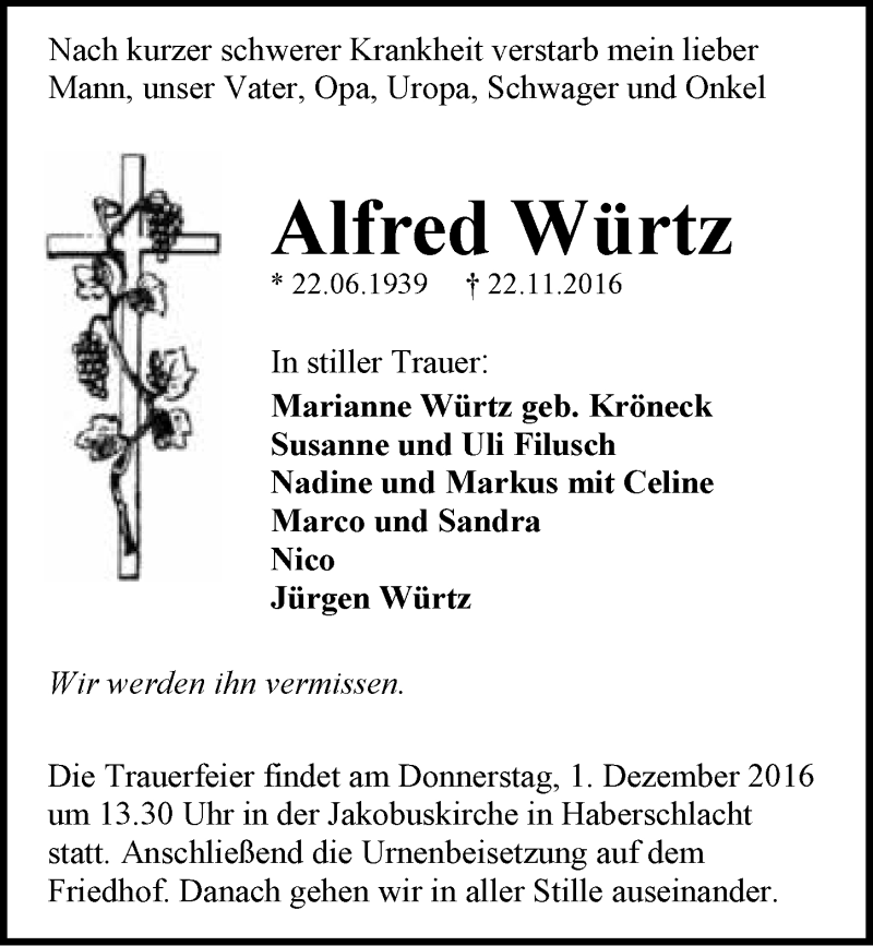  Traueranzeige für Alfred Würtz vom 28.11.2016 aus 