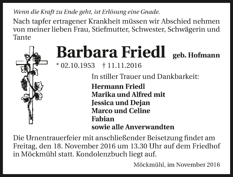  Traueranzeige für Barbara Friedl vom 15.11.2016 aus 