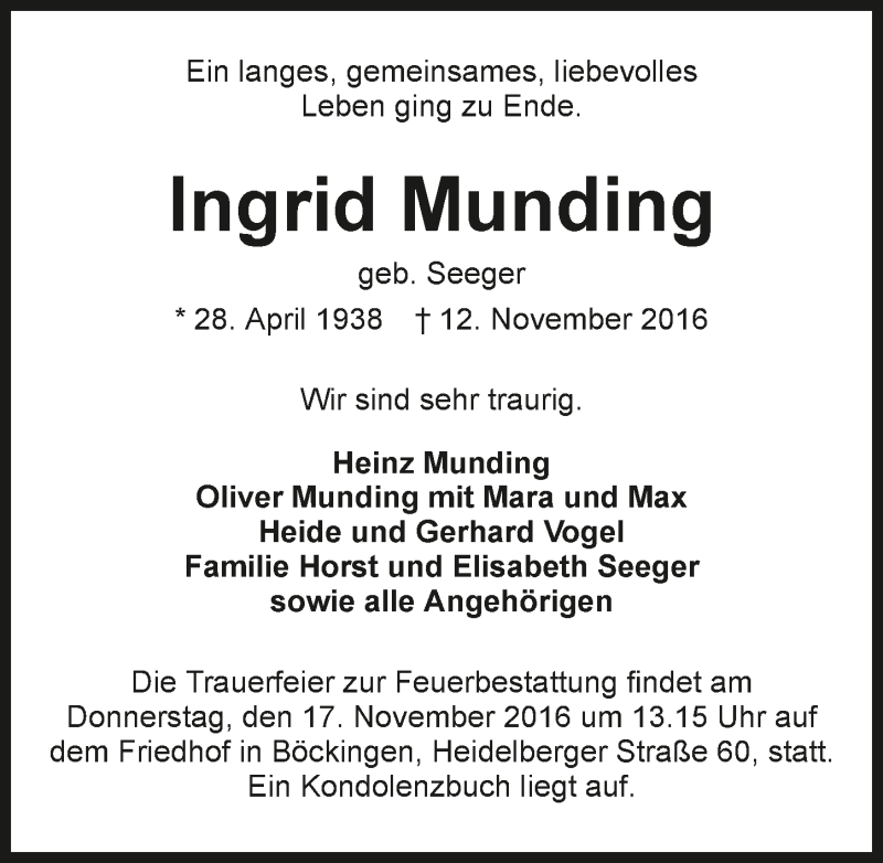  Traueranzeige für Ingrid Munding vom 15.11.2016 aus 