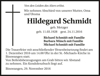 Traueranzeige von Hildegard Schmidt 