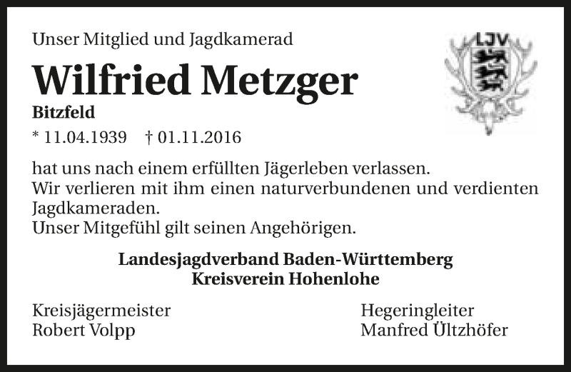  Traueranzeige für Wilfried Metzger vom 08.11.2016 aus 