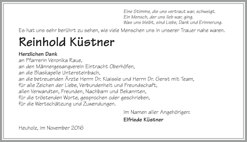  Traueranzeige für Reinhold Küstner vom 12.11.2016 aus 