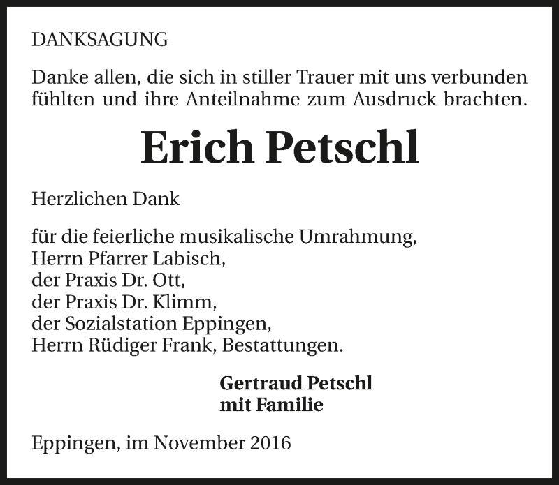  Traueranzeige für Erich Petschl vom 26.11.2016 aus 