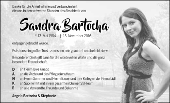 Traueranzeige von Sandra Bartocha 
