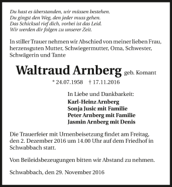 Traueranzeige von Waltraud Arnberg 