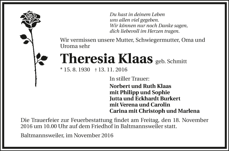  Traueranzeige für Theresia Klaas vom 16.11.2016 aus 