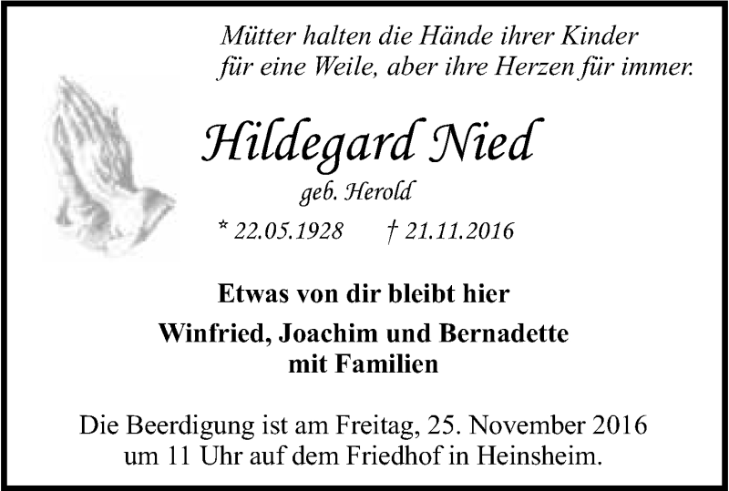  Traueranzeige für Hildegard Nied vom 23.11.2016 aus 