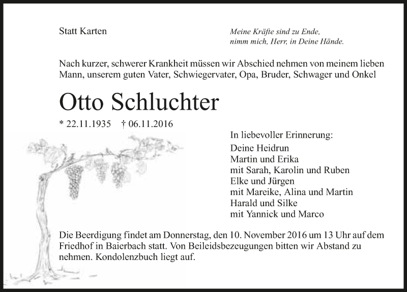  Traueranzeige für Otto Schluchter vom 08.11.2016 aus 